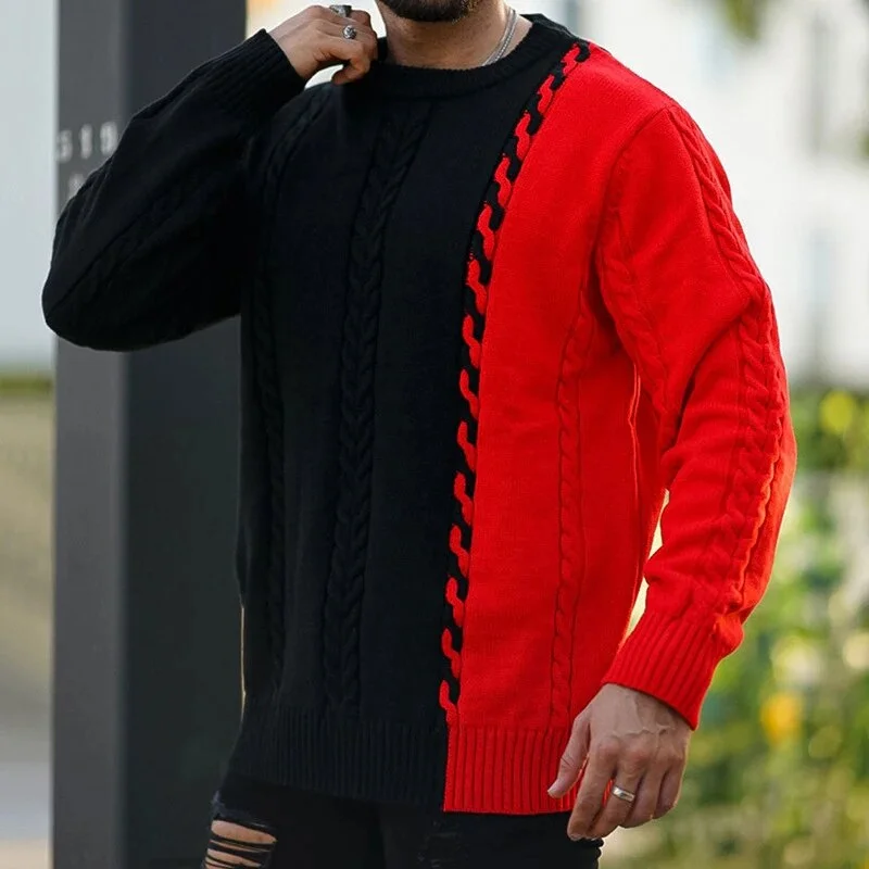 Aonga - New Fashion Contrast Color Crochet Sweater Men Casual Patchwork Long Sleeve O Neck Knit Jumper Tops Mens Clothing Fall Sweaters