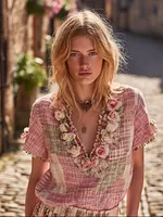 Women's Bohemian Rose Floral Print Patchwork Art Short Sleeve