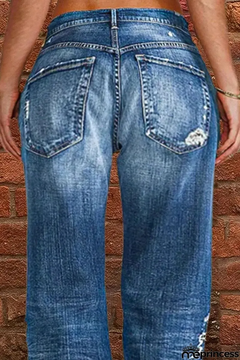 Casual Street Patchwork Ripped Straight Denim Jeans