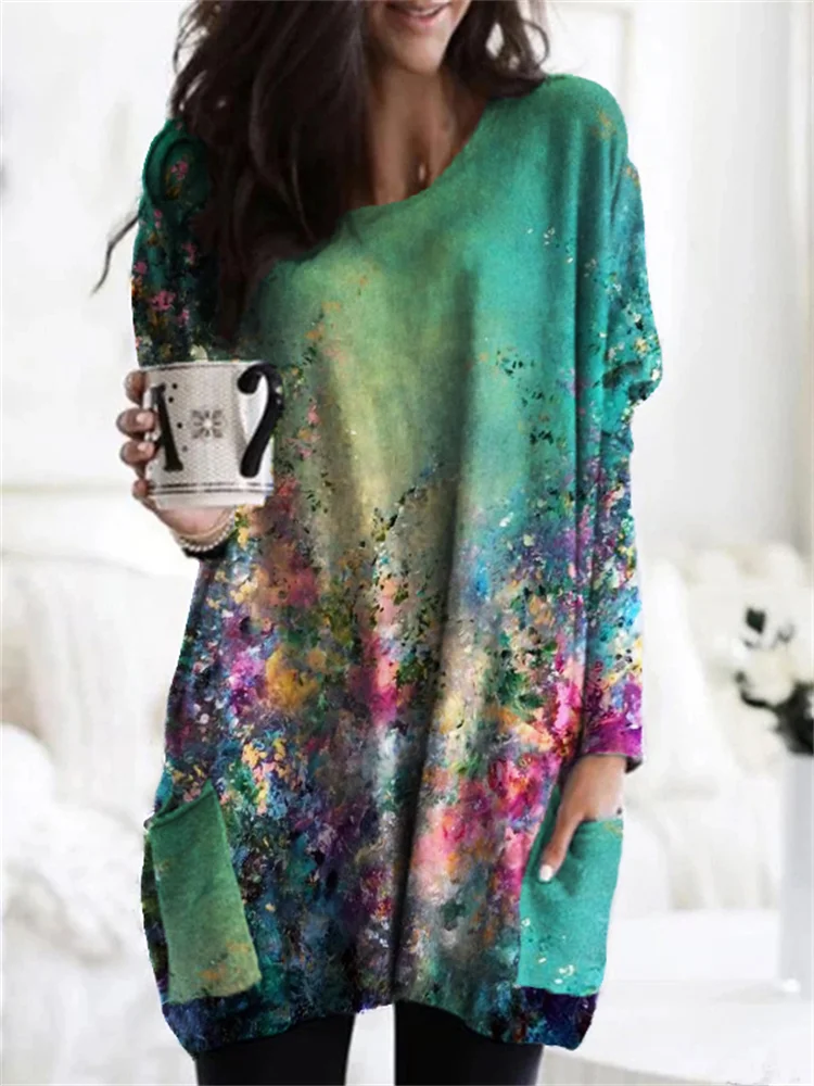 Floral Art Print Loose Long Sleeve Tunic