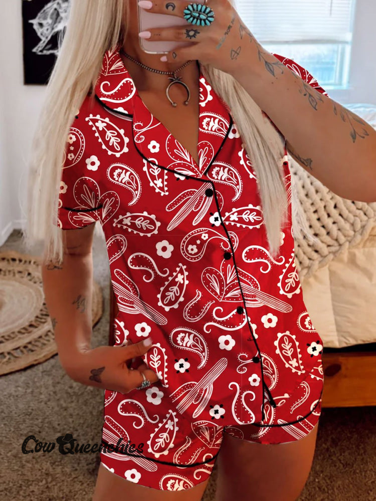 Western Print Casual Pajama Set Multicolor / S