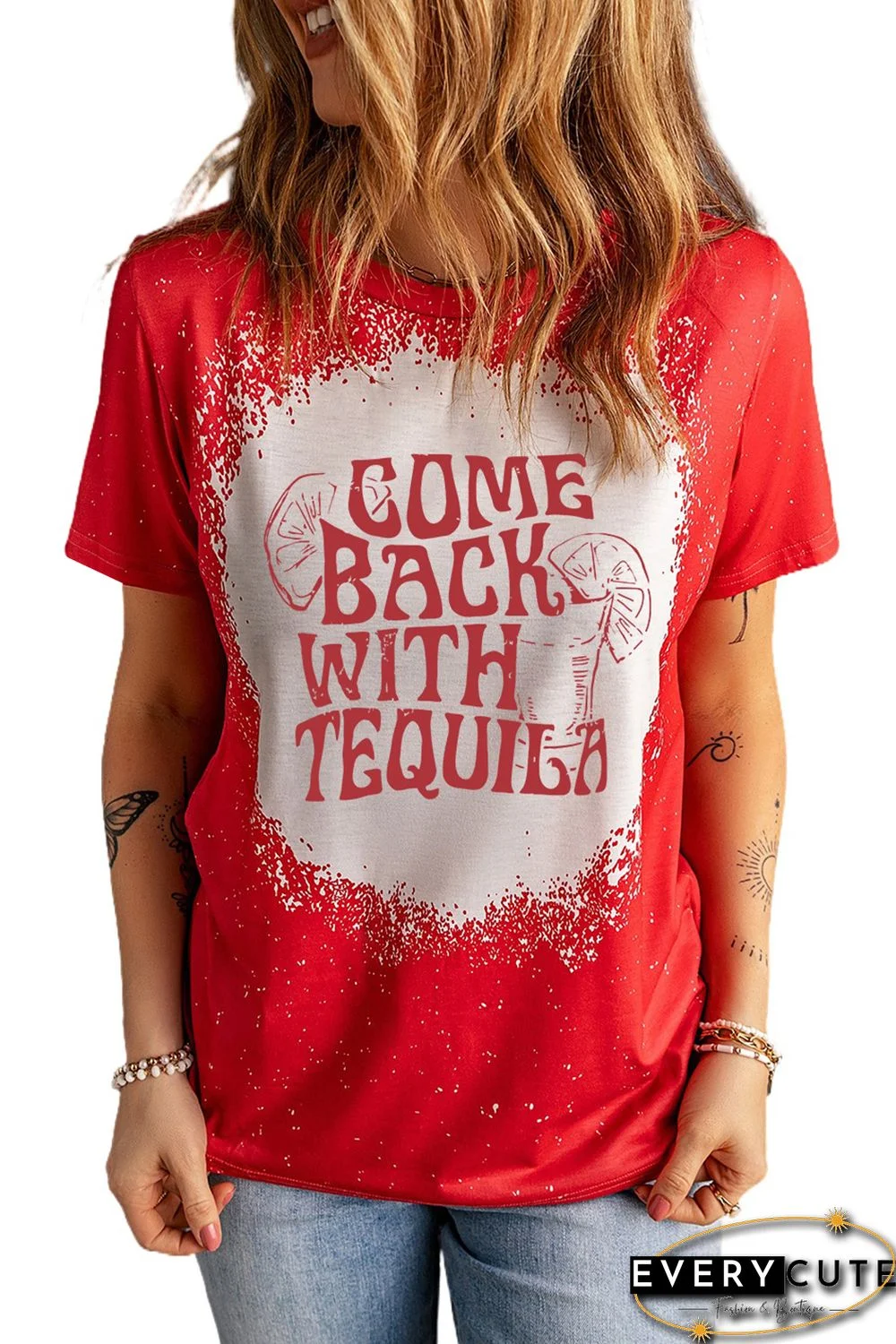 Red Bleach COME BACK WITH TEQUILA Print Round Neck T-Shirt