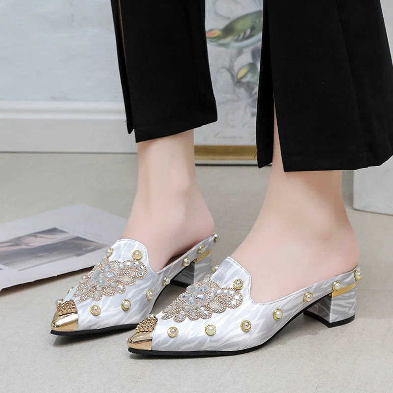 Back To School Women Flat Designer Shoes Backless Ladies Foxy Crystal Slides Pointed Toe Mess Hollow Loafers Slip On Shoes For Women 2022