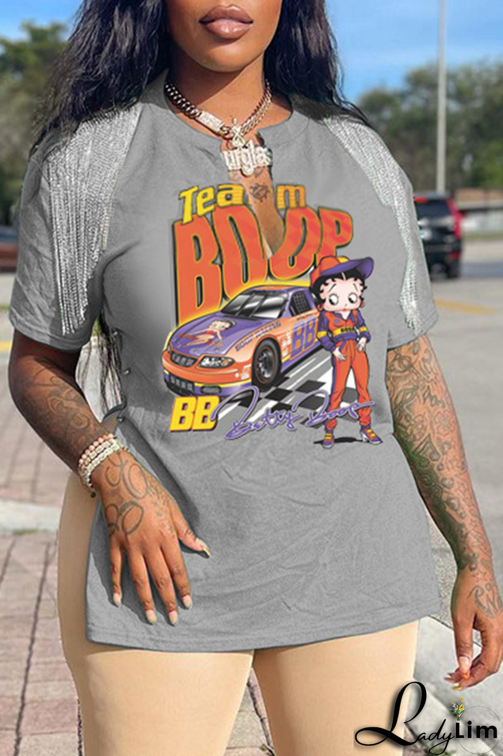 Purple Fashion Print Tassel V Neck T-Shirts