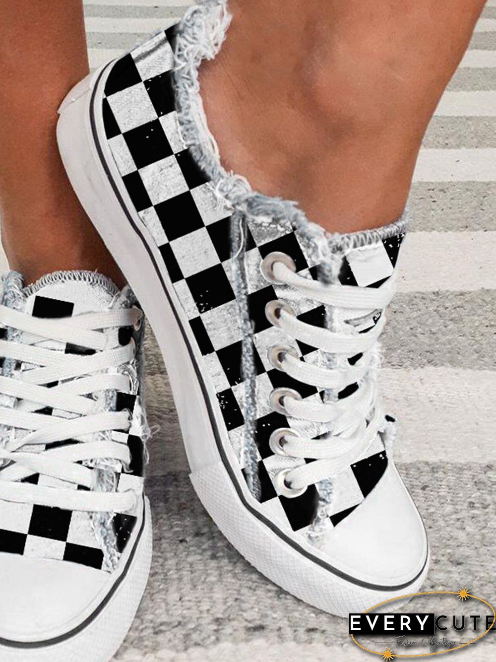 Black And White Checkerboard Graphic Distressed Canvas Flats