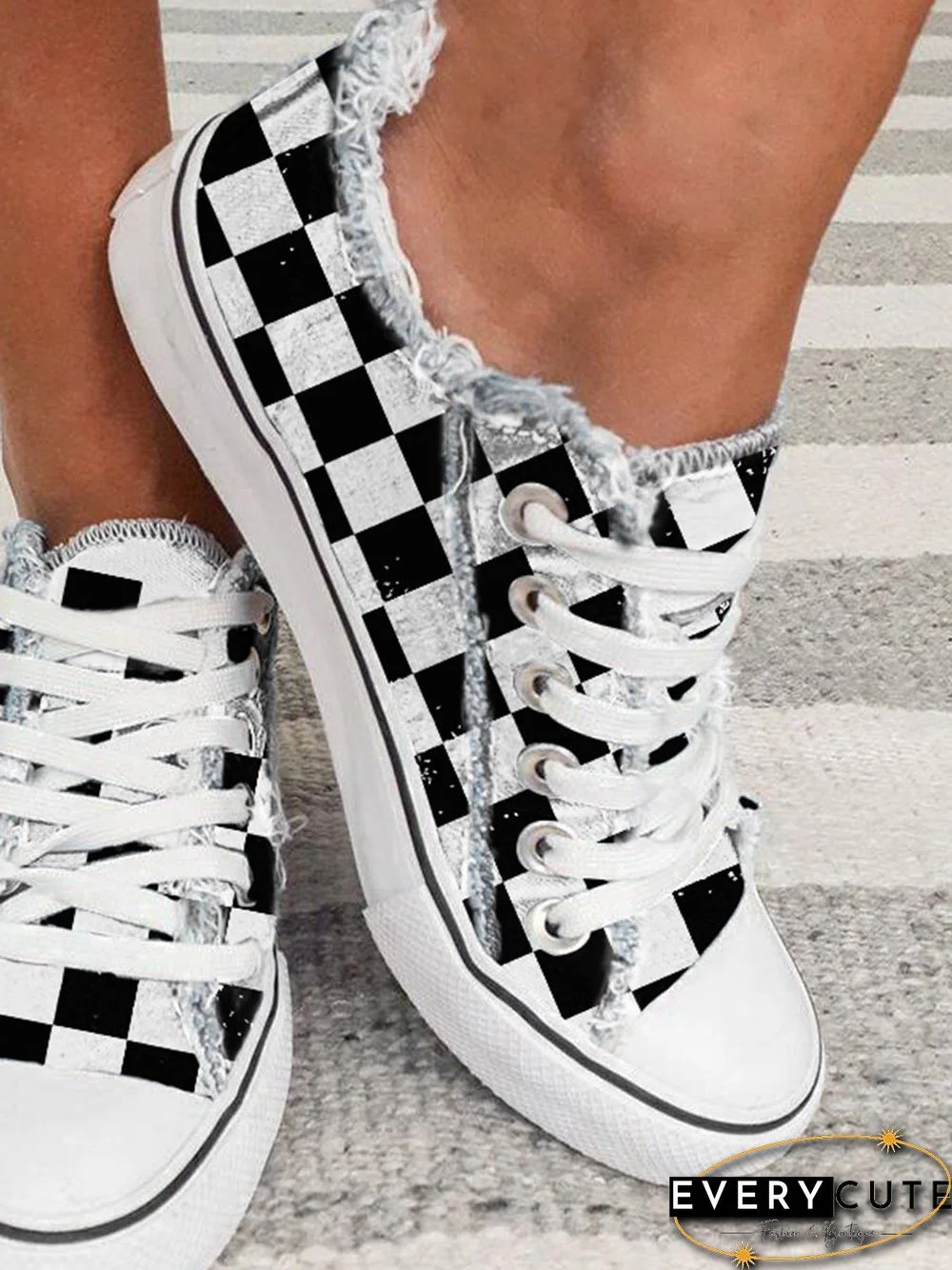 Black And White Checkerboard Graphic Distressed Canvas Flats