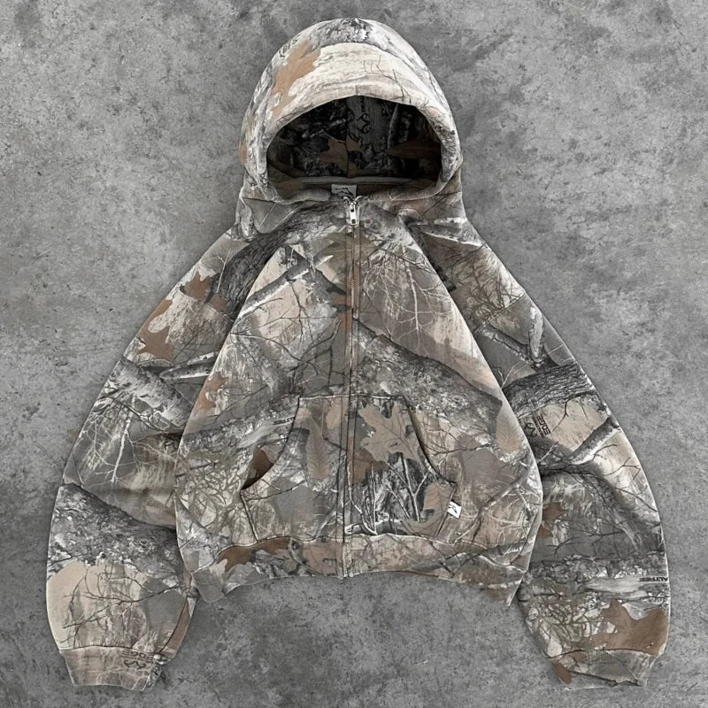 Llyge 90s Streetwear Y2K Retro zip up Hoodie Men Camouflage Pattern zipper Sweatshirt High Street Hip Hop Streetwear Oversized Unisex Camo Hoodie llyge
