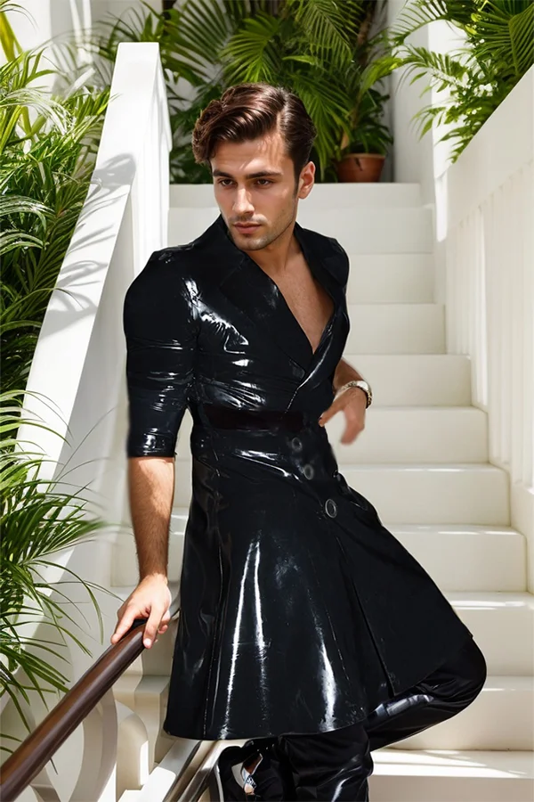 Men Black Latex Double-Breasted Length