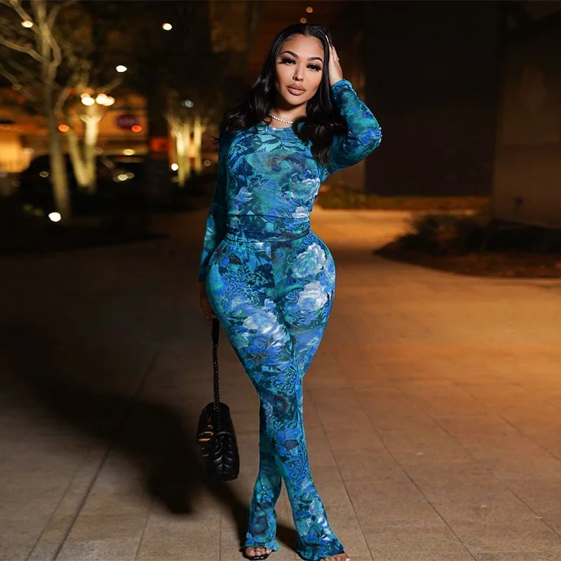 Uveng Uveng Women's 2023 Spring/Summer New Fashion Net Yarn Printed Pants Casual Set