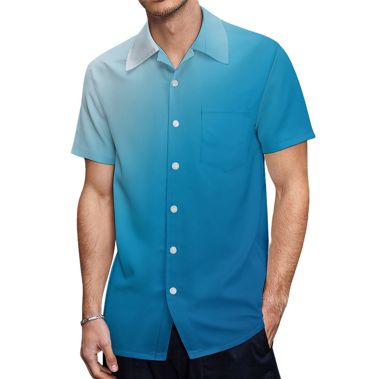 Azure Sky To Ocean Blue Diagonal Gradient Hawaiian Shirt Mens Button Down Tropical Hawaii Beach Shirts