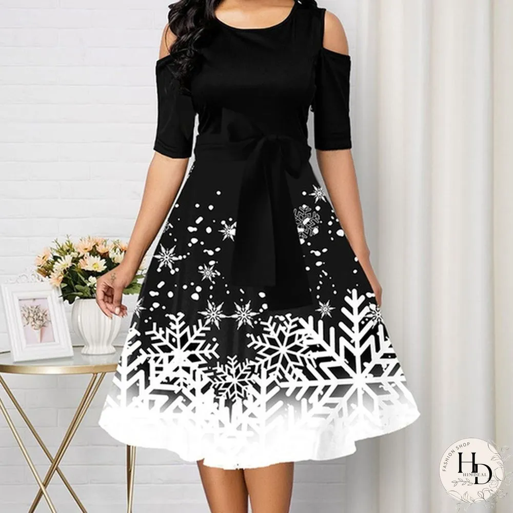 Womens Belted Snowflake Print Cold Shoulder Round-neck Elegant Dress Plus Size Fashion