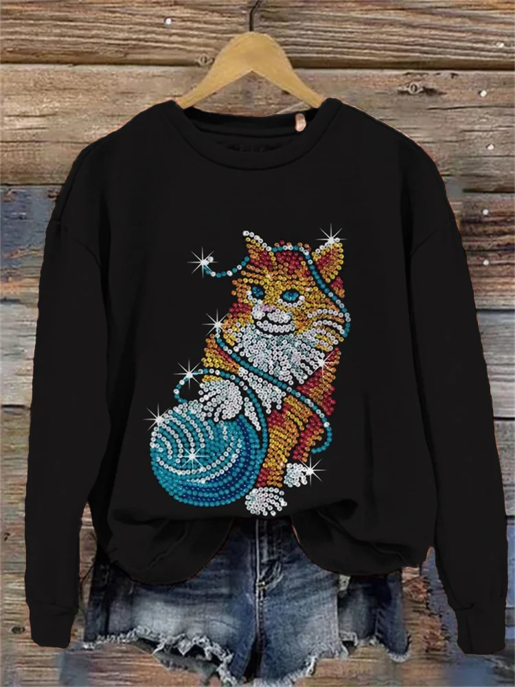 Sequin Cat Print Cozy Sweatshirt