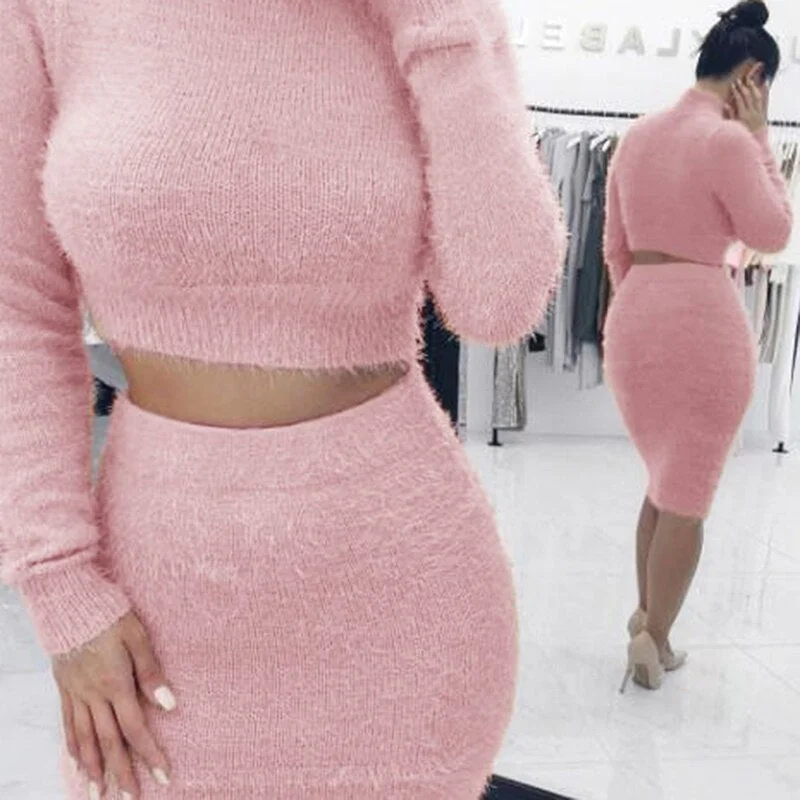 Winter Soft Warm Knitted Turtleneck 2 Pieces Set Casual Full Sleeve Sweater Skirt Female Sweater Suits Set Two Piece Set Women