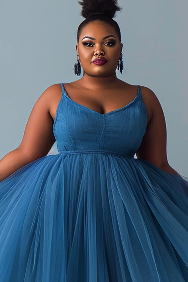 Xpluswear Design Plus Size Vacation Tulle Blue Zipper Contrast Tencel Denim Midi Dresses [Pre-Order]