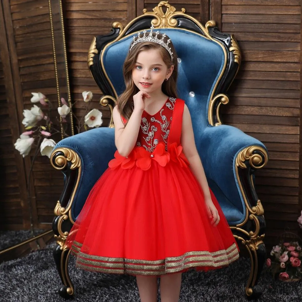 European style kids girl evening dress Bright flower girl wedding dress for 10 Y Fluffy girl red Birthday party Dress