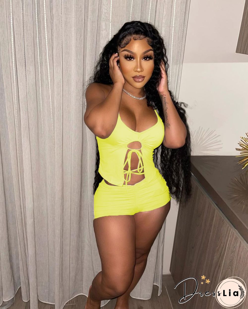 Summer Women Sexy Solid Color Irregular Hollow Out Sleeveless Halter Top Skinny Shorts Two Piece Suit