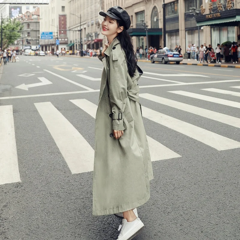 England Style Double-Breasted Long Women Trench Coat Belted with Flaps Spring Autumn Lady Windbreaker Duster Coat Female Clothes