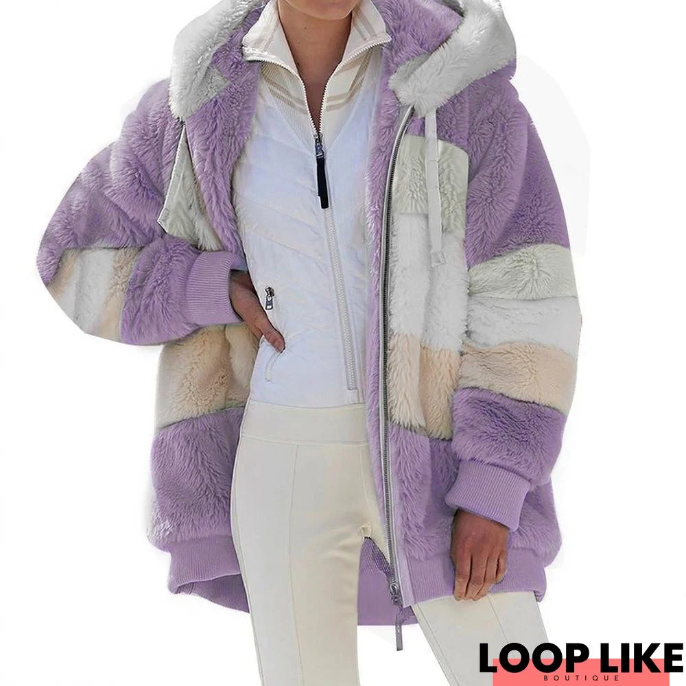 Color Block Zip Front Pocket Design Hooded Teddy Coat