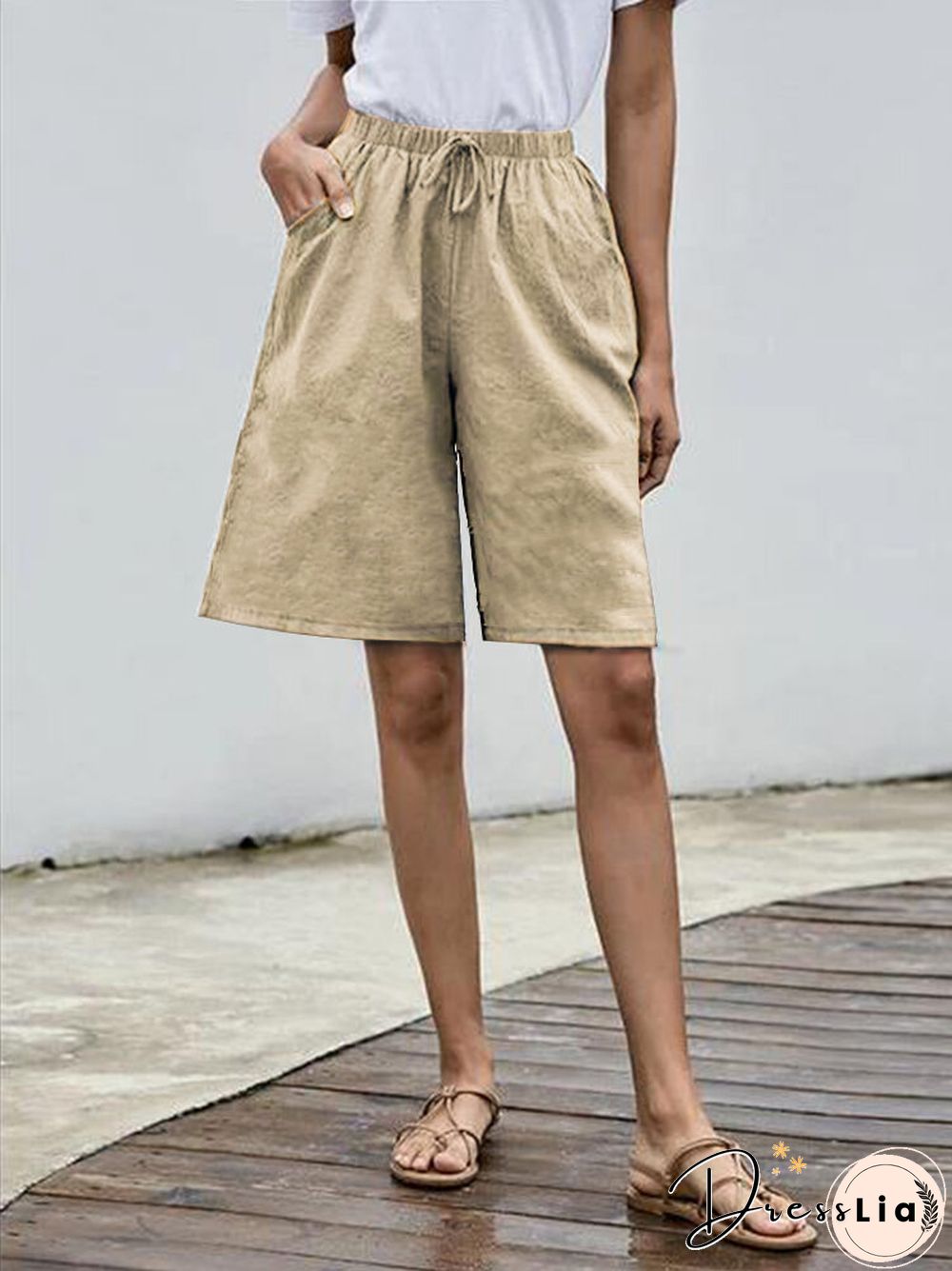 Solid Color Elastic Waist Drawstring Casual Shorts