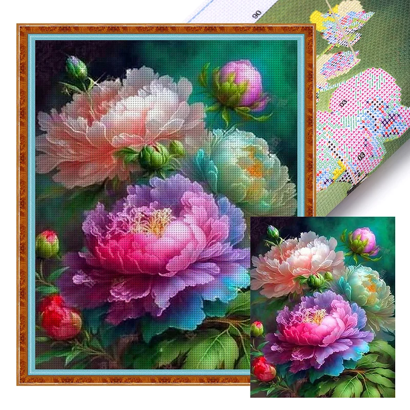 4PCS-Peony - 11CT Stamped Cross Stitch(40*60cm)