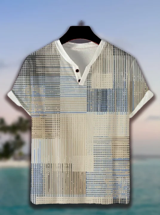 Men's Line Geometric Art Color Block Print Casual V Neck Button T-Shirt