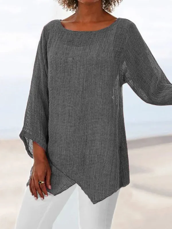 Linen Plain Round Collar Long Sleeve T-shirt