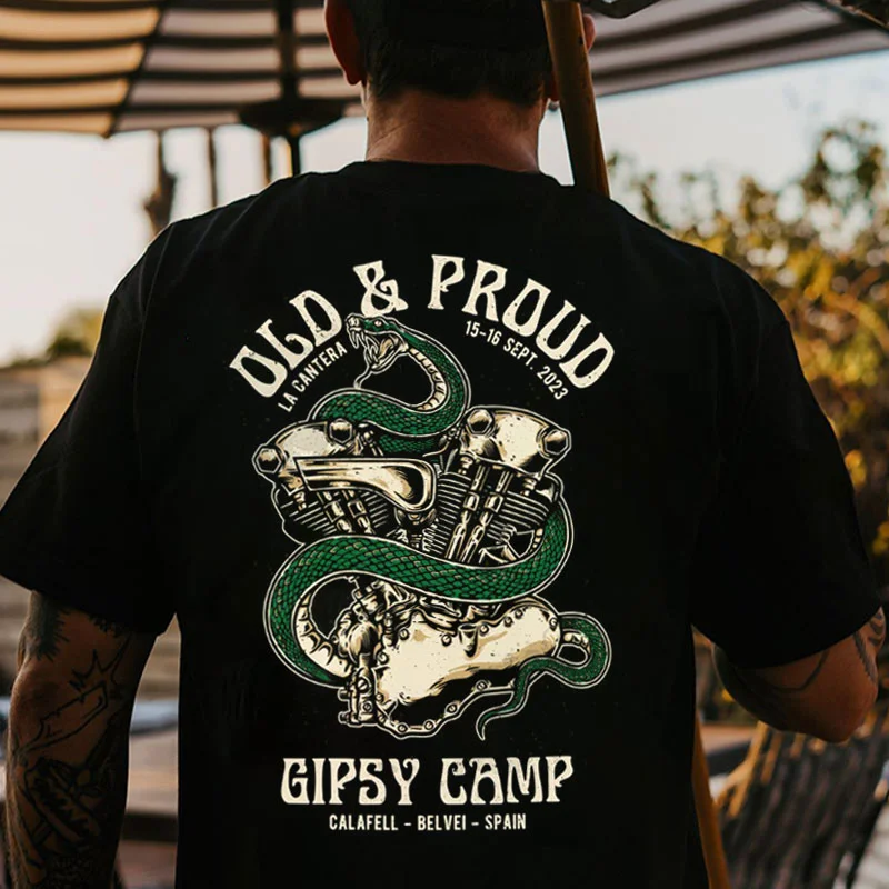 OLD & PROUD GIPSY CAMP Snake&Engine Print Men's T-shirt