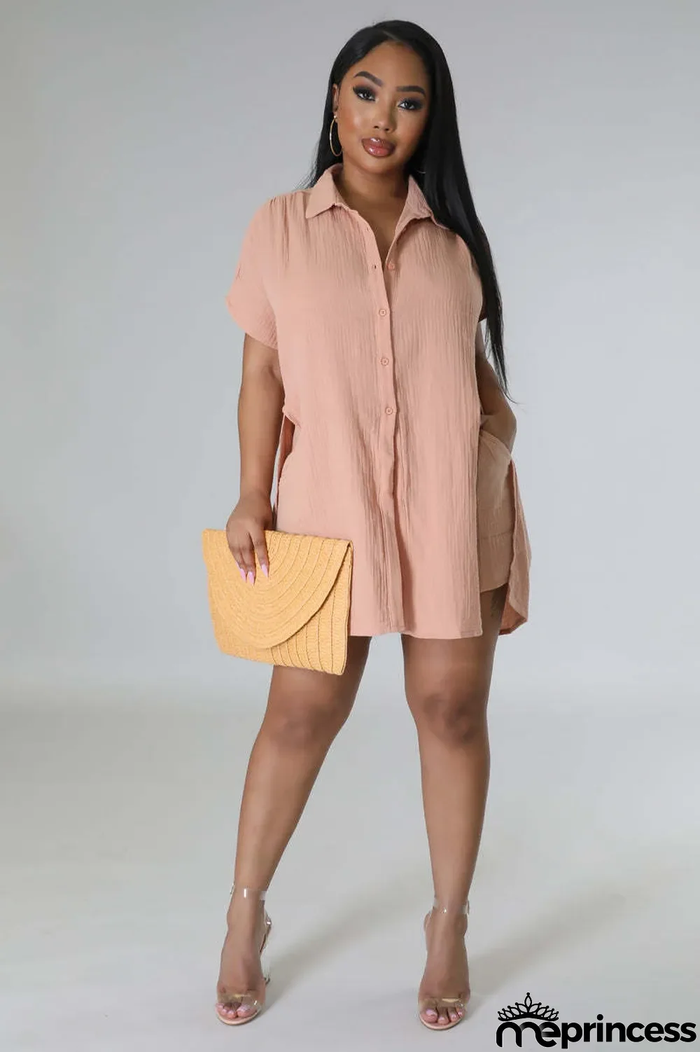 Casual Solid Color Split Short Sleeve Shorts Suit