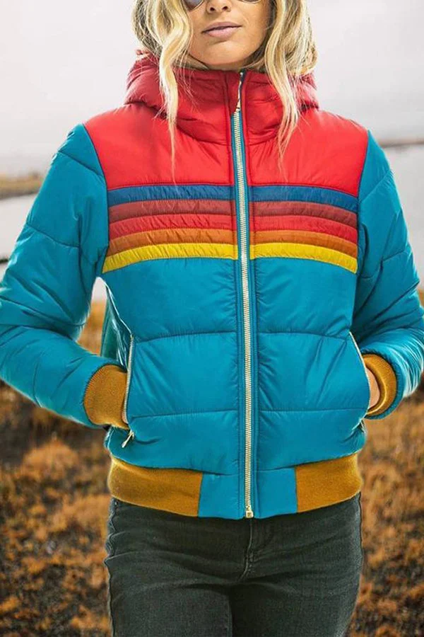 Winter Casual Patchwork Zippered Hooded Pocket Long Sleeved Coat