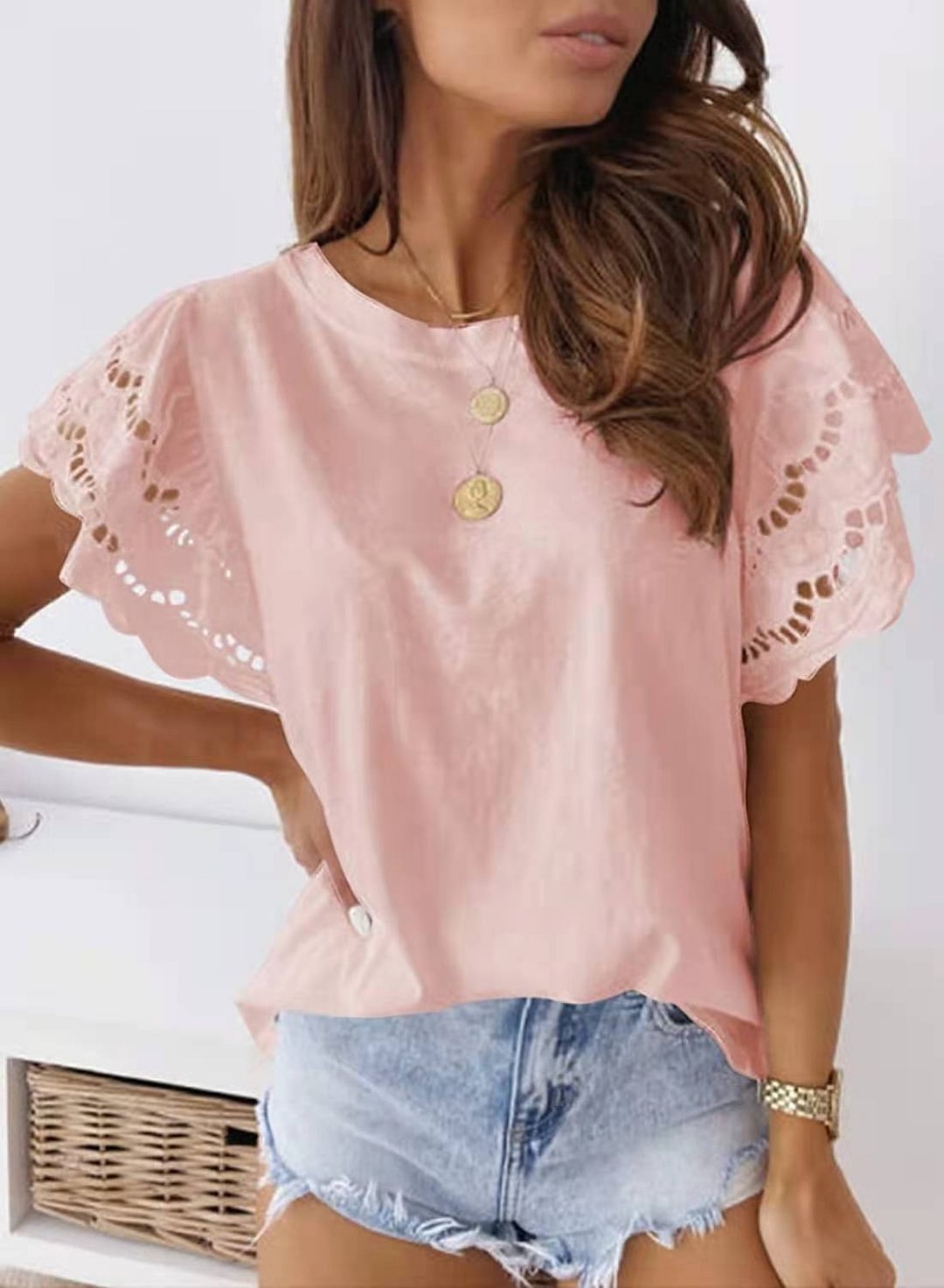 Solid color round neck stitching lace fly-sleeve short-sleeved T-shirt