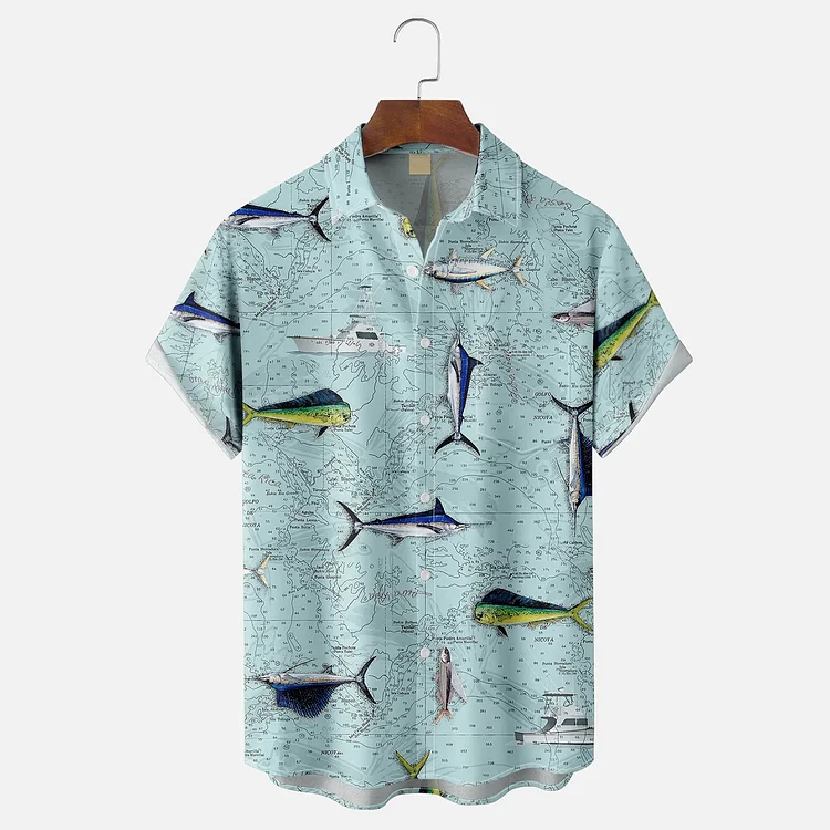 Simpfit Hawaiihemd mit Brusttasche für Herren mit Ozeanfisch- und Kartenmotiv
