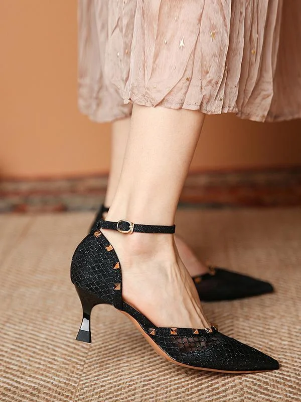 Fashion pointed toe comfortable breathable mesh stiletto rivet high-heeled shoes