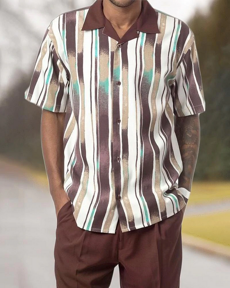 Short Sleeve Print Walking Suit Set With Long Pants