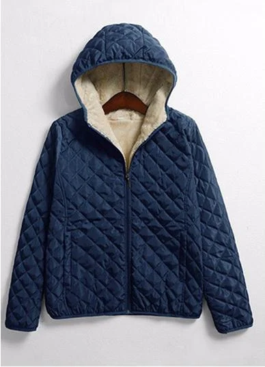 FTLZZ Winter Casual Short Cotton Coats Women Hooded Diamonds Partern Artificial Fleece Inside Outwear Femme Slim Overcoat