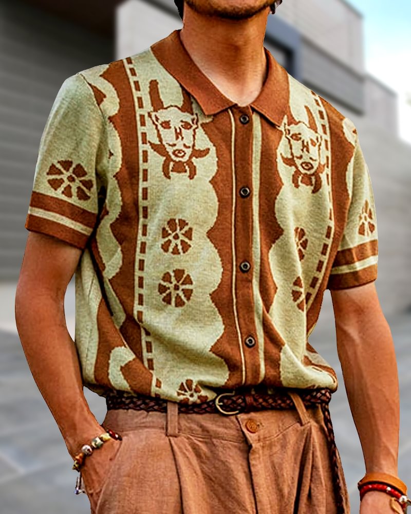 Men's Jacquard Knit Lapel Short Sleeve Cardigan