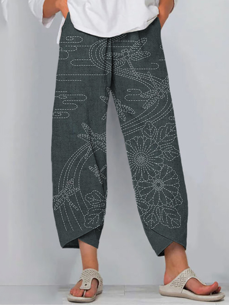 Comstylish Japanese Embroidery Art Cropped Casual Pants