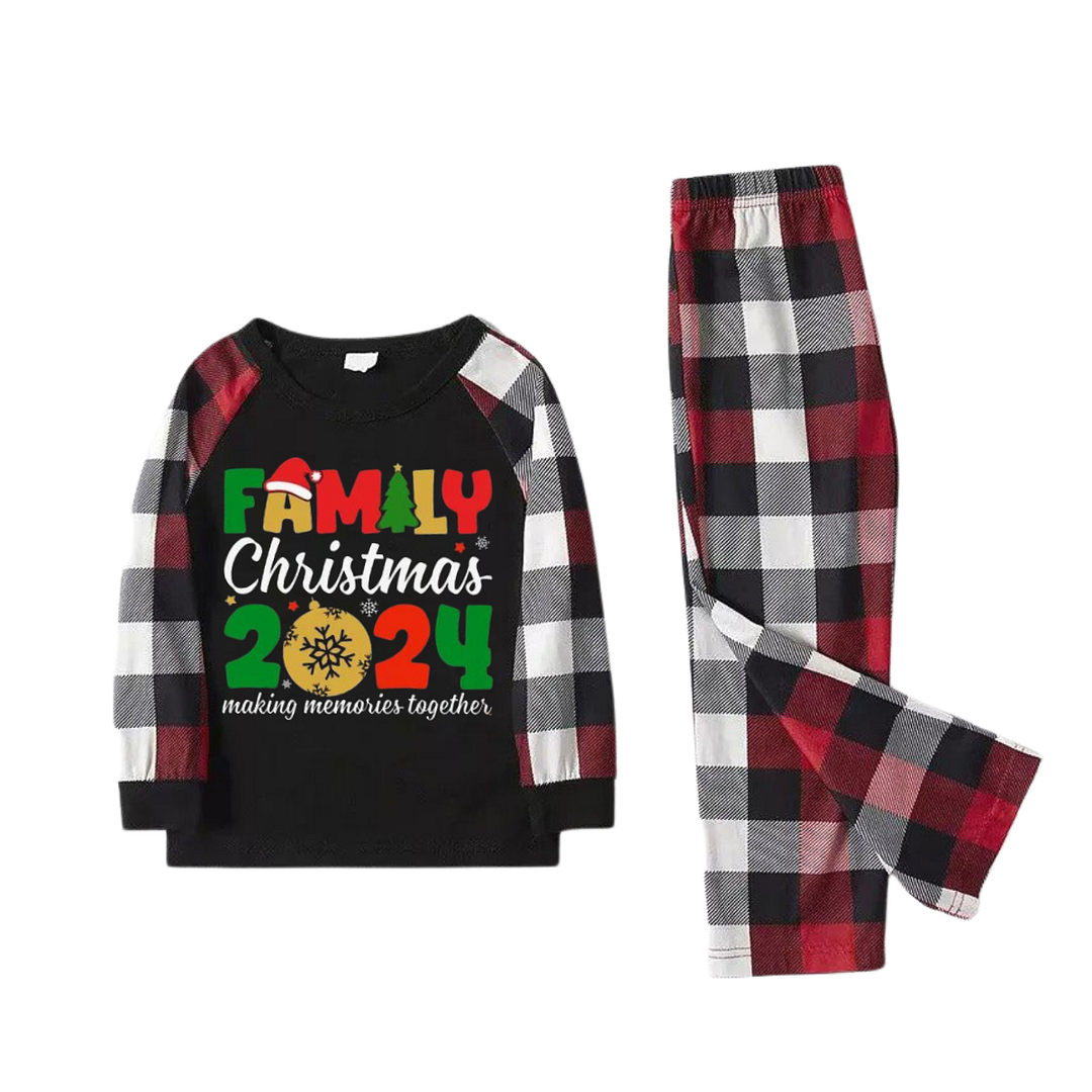 "FNMILY Christmas 2024 "Colorful Text Printed Pattern Black Top with Red&Black&White Plaid Sleeves Family Matching Pajamas