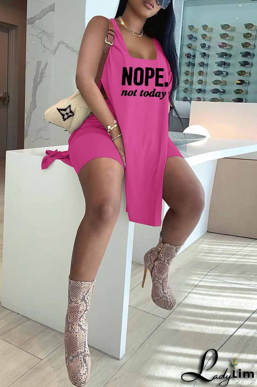 Red Fashion Casual Letter Print Slit U Neck Sleeveless Two Pieces