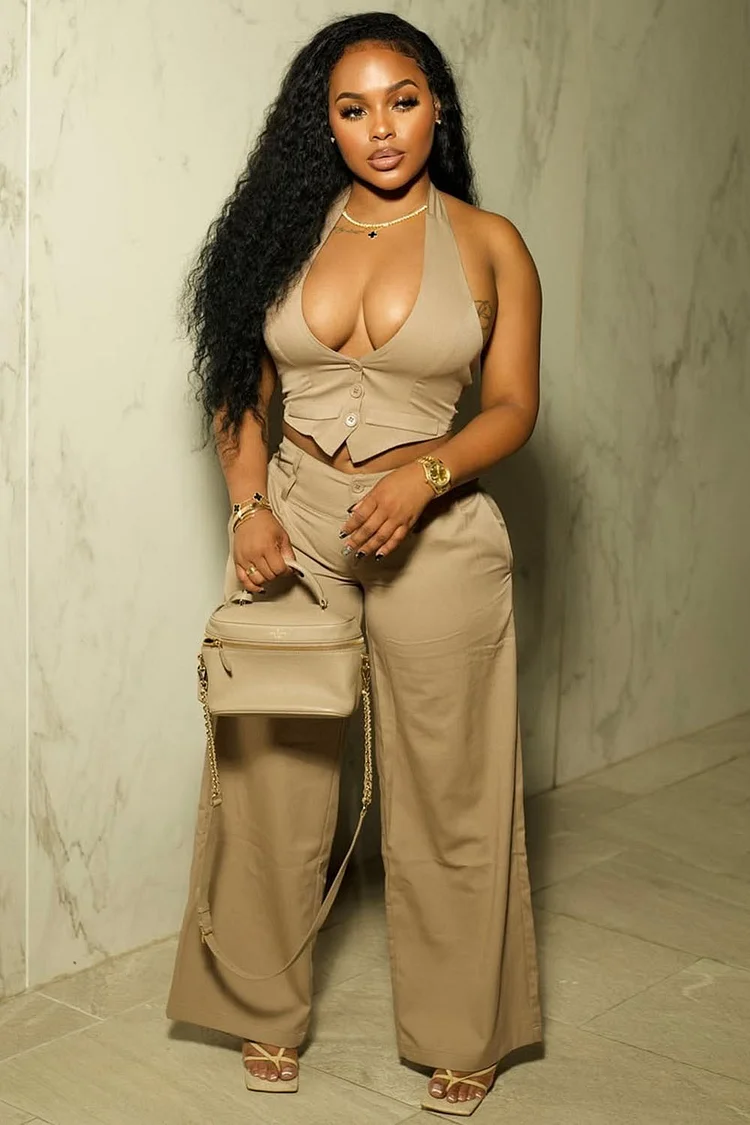 Deep V Halter Button Up Top Solid Wide Leg Pants 2pcs Set-Khaki [Pre Order]