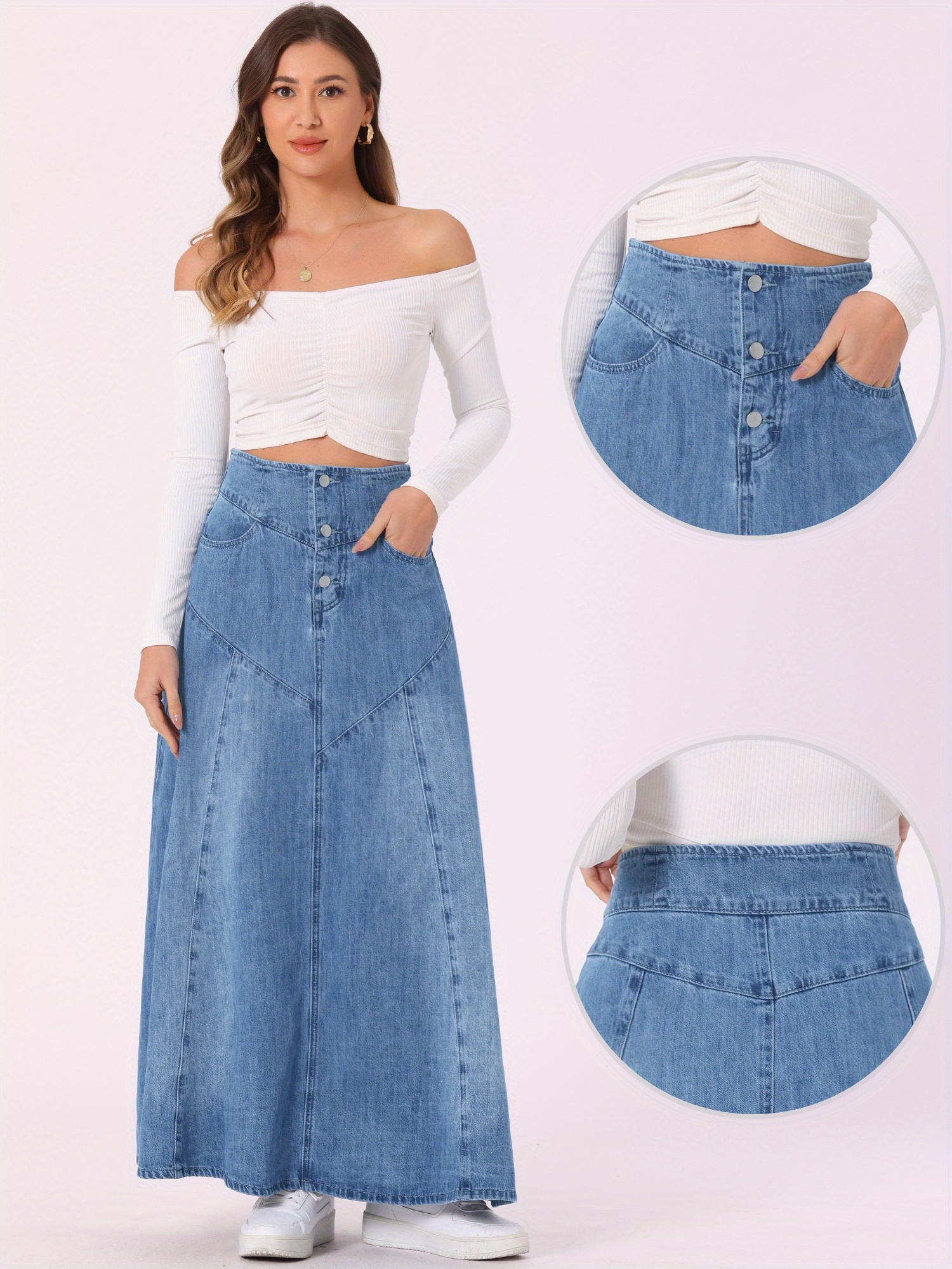 Casual Denim Skirt For Women's High Waisted A-Line Flared Maxi Skirt | IFYHOME