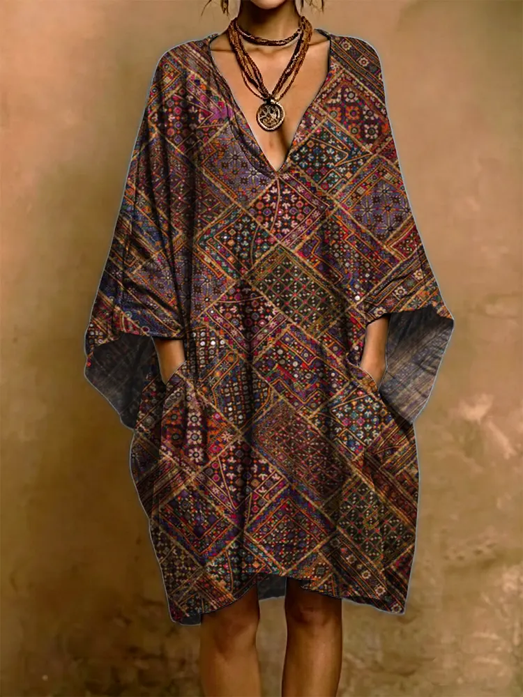 Colorful Exotic Square Decorative Pattern V Collar Cotton Linen Dress