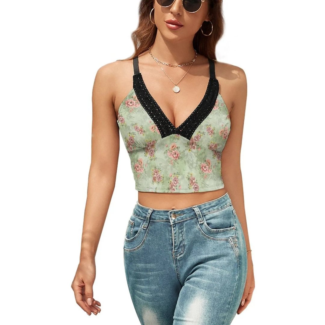 Floral Lace Sleeveless Vest Women's V Neck Camisole Spaghetti Strap Crop Cami Tank Tops - neewho