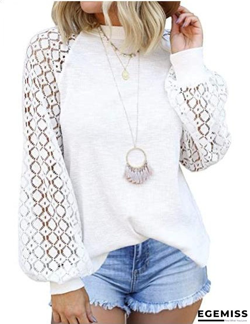 New Round Neck Long Sleeve Lace Patchwork Blouse for Women | EGEMISS