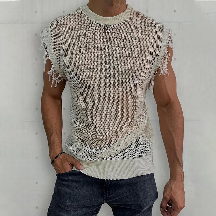 PASUXI Knitted Vest Men's Sleeveless Round Neck Openwork Muscle Fit Lightweight Breathable Top huanwei