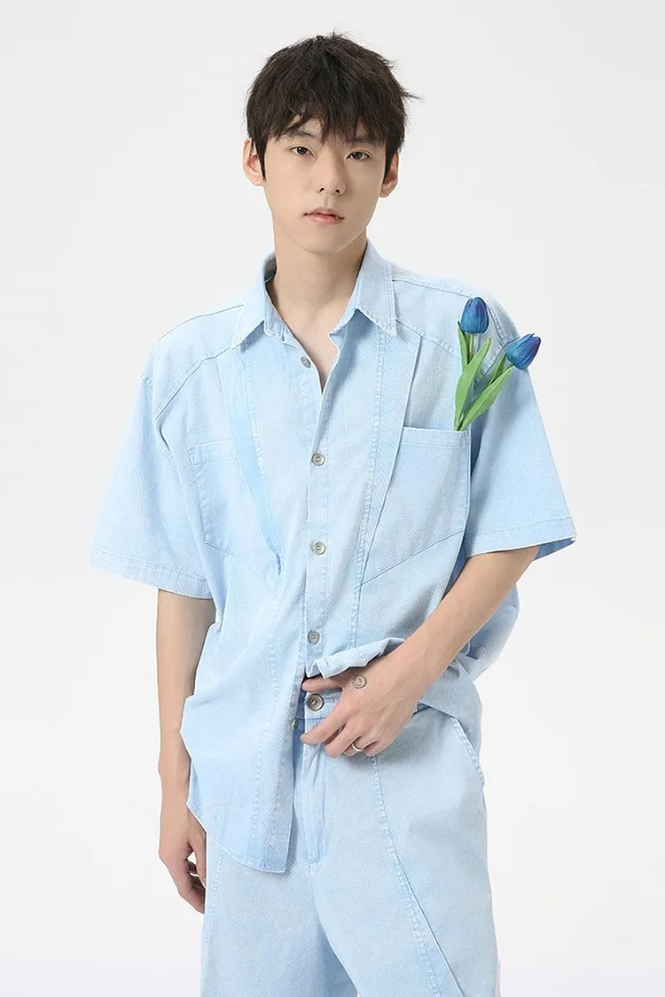 Classic Blue Denim Shirt for Men with Chest Pockets