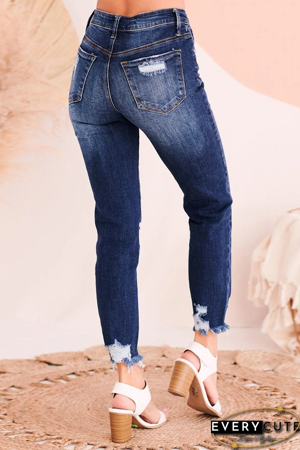 High Waist Cropped Distressed Ripped Jeans with Pockets