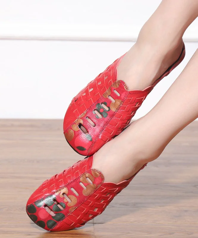 Boho Hollow Out Splicing Red Cowhide Leather Slide Sandals