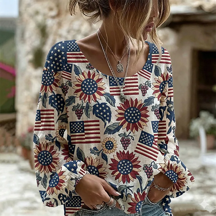 Women's Independence Day Flag Sunflower Print Long Sleeve Linen Blend T-shirt