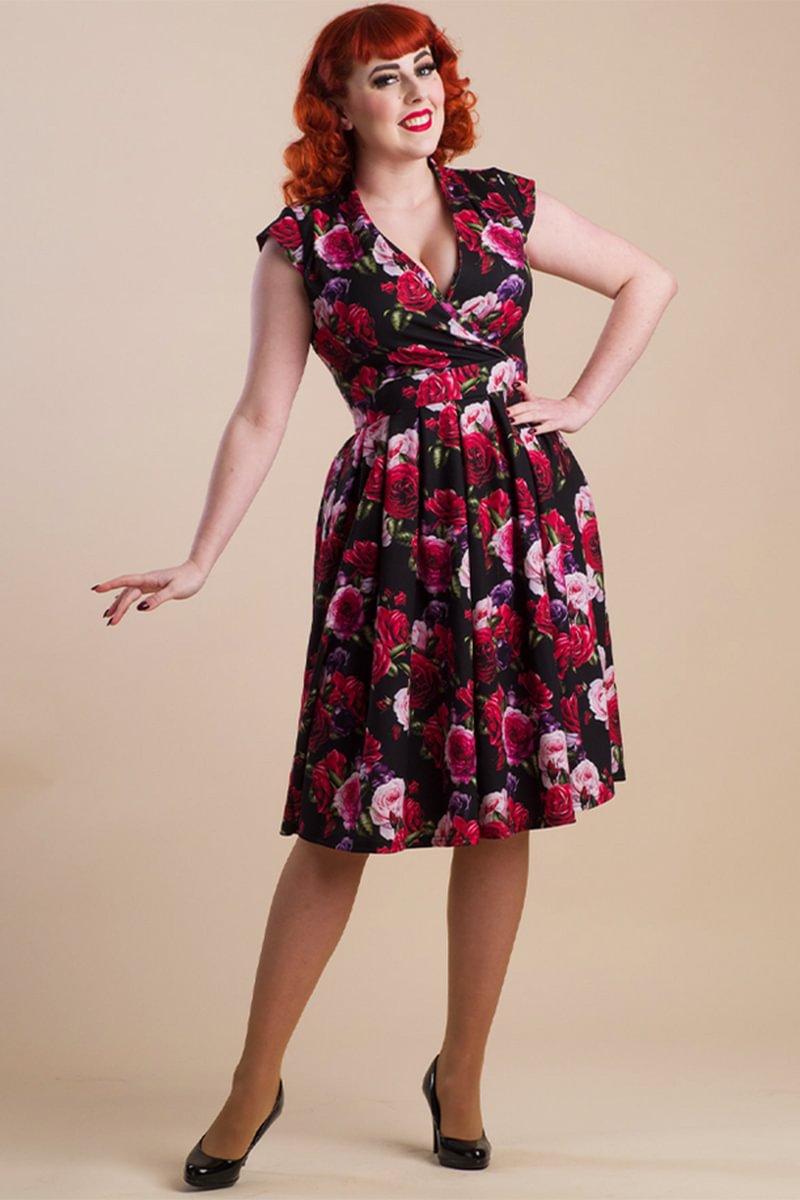 1950s Black Party Red Roses Print Fitted Waist A-line Midi Dress [Pre-Order]