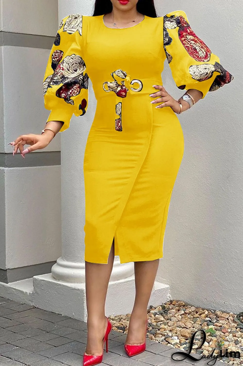 Green Casual Print Split Joint O Neck One Step Skirt Dresses